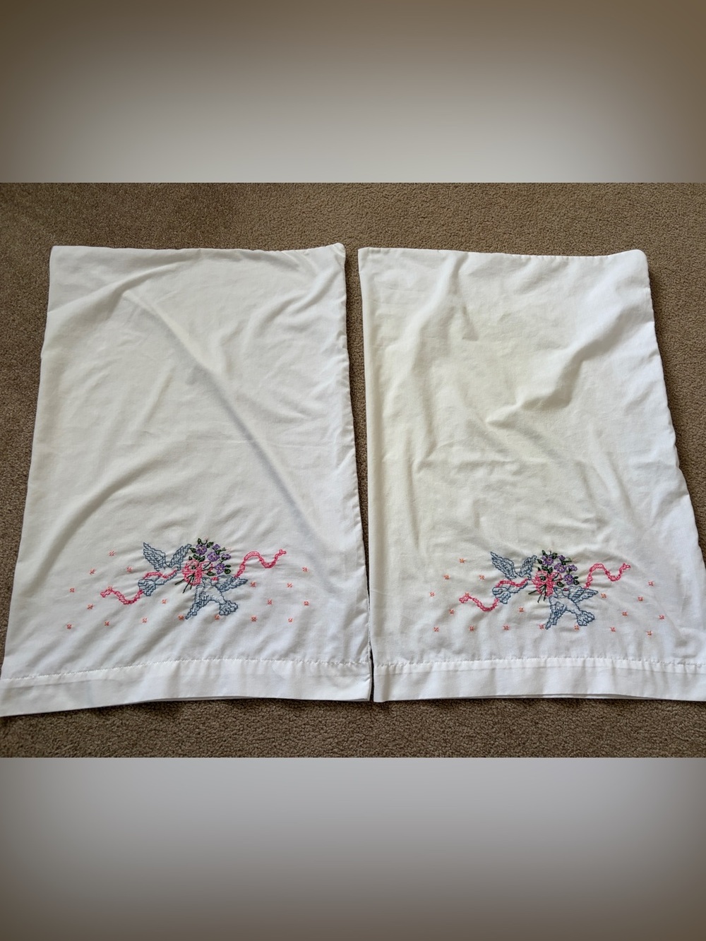 Bucilla White Pillowcases with Pink Ribbon & Multicolor Floral Embroidery - pair
